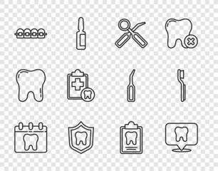 Set line Calendar with tooth, Dental clinic location, inspection mirror, protection, Teeth braces, card, and Toothbrush icon. Vector