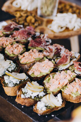 Delicacies and snacks on a buffet or banquet. Catering.