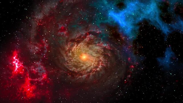 Dramatic space view moving through universe galaxies stars and nebulae