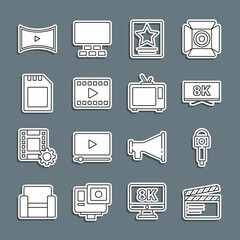 Set line Movie clapper, Microphone, Screen tv with 8k, Hollywood walk of fame star, Play Video, SD card, Online play video and Retro icon. Vector