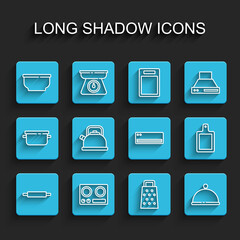 Set line Rolling pin, Gas stove, Bowl, Grater, Covered with tray, Kettle handle, Cutting board and Air conditioner icon. Vector