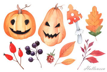 Autumn set on a white background. Halloween holiday. Yellow and red leaves, pumpkins, berries. Watercolor illustration.