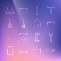 Set line Frying pan, Barbecue fork, Cooking pot, Blender, Kitchen whisk, Pizza knife, extractor fan and timer icon. Vector