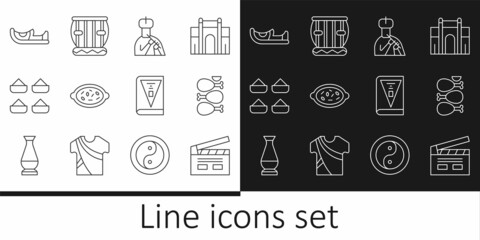 Set line Bollywood indian cinema, Tandoori chicken, Indian man plays flute, Kheer bowl, spice, shoes, constitution day and Instrument tabla icon. Vector