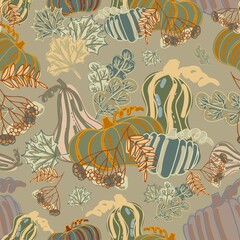 Seamless vector pattern of decorative autumn botanicals pumpkins and leaves in pastel orange and green tones
