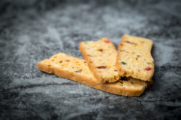 Homemade delicious biscotti on dark background for bakery, food and eating concept