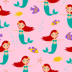 Fototapeta na wymiar Cute mermaid, starfish and fishes seamless pattern on pink background. Flat style design. 