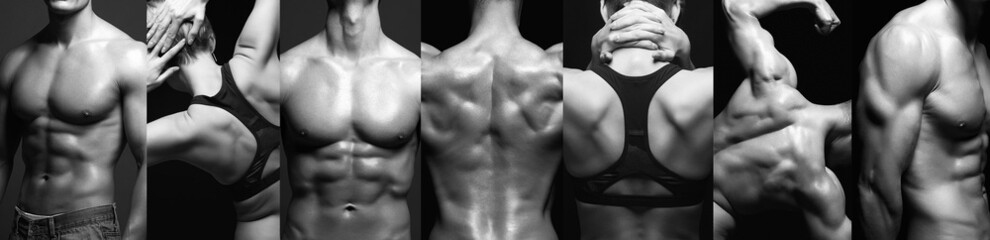 bodybuilding collage. beautiful fitness woman and man bodies