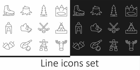 Set line Moose head with horns, Indian teepee wigwam, Canadian spruce, Canada map, Winter hat, Skates, Ice hockey sticks and puck and Tree stump icon. Vector © vector_v