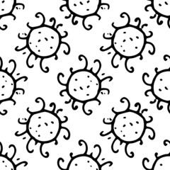 Vector seamless pattern made of a round shape. A pattern of bacteria with short tentacles with curls, hand-drawn with a black line in the style of a doodle on a white background for a medical design t