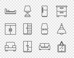 Set line Armchair, Mirror, Refrigerator, Wardrobe, Bed, Sofa and Chandelier icon. Vector