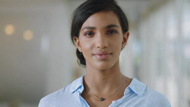 portrait happy mixed race business woman smiling enjoying successful career proud entrepreneur in office workplace testimonial 4k footage