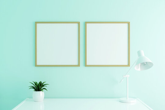 Vertical wooden poster frame mockup on work table in living room interior on empty white color wall background. 3D rendering.