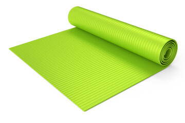 Green yoga mat or lightweight foam camping bed roll pad isolated on white.