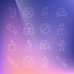 Set line Police rubber baton, Hand showing two finger, Censor freedom of speech, Fire extinguisher, First aid kit, Broken bottle as weapon, grenade and Ban icon. Vector