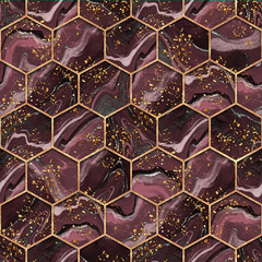 Hexagon seamless texture with gold glitter. Abstract background