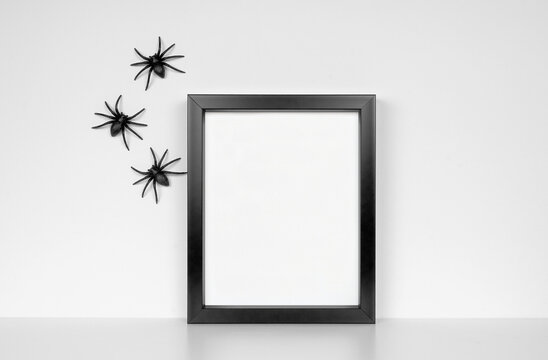 Mock up black frame on a white shelf with spiders. Halloween concept. Portrait frame against a white wall. Copy space.