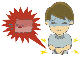 イラスト素材:腹痛を訴える男性の手描きイラスト