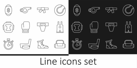 Set line Sport bag, Wrestling singlet, Black karate belt, Boxing glove, helmet, American Football ball, Groin guard and Whistle icon. Vector