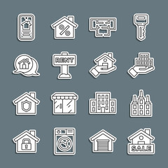 Set line Hanging sign with Sale, Skyscraper, House plan, Rent, Real estate message house, Online real and Realtor icon. Vector