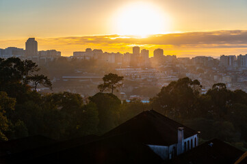 Panoramic view on old part of Porto and Vila Nova de Gaia in Portugal at sunrise