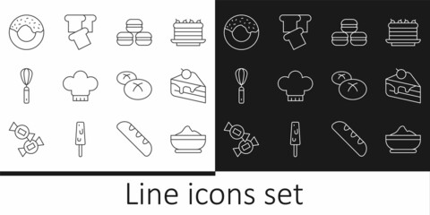 Set line Flour bowl, Piece of cake, Macaron cookie, Chef hat, Kitchen whisk, Donut, Bread loaf and toast icon. Vector