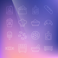 Set line Electronic scales, Cutting board, Croissant, Chef hat, Coffee cup to go, Cookbook and Flour bowl icon. Vector