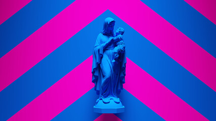 Blue Mary Mother an Child Baby Jesus Statue Art Religion Christ Sculpture with Pink an Blue Chevron Background 3d illustration render