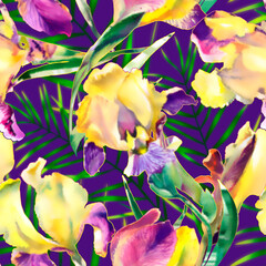 Blurred watercolor irises and palm leaves. Seamless pattern. Design of fabric, textile, wallpaper, background, covers.