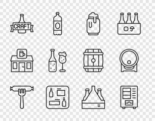 Set line Sausage on the fork, Vending machine, Beer can with foam, menu, bottle, and glass, Pack of beer bottles and Wooden barrel rack icon. Vector