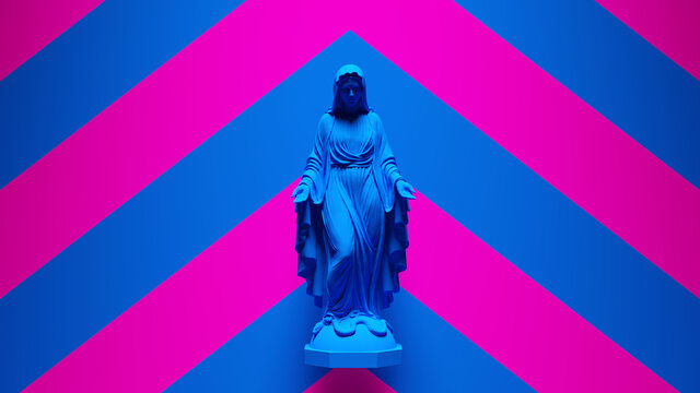 Blue Virgin Mary Statue Art Religion Sculpture with Pink an Blue Chevron Background 3d illustration render