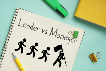 Leader vs manager are shown on the business photo using the text