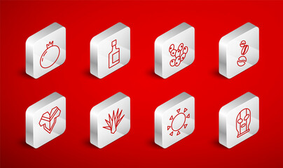 Set line Mexican wrestler, Tequila bottle, Cactus, Coffee beans, Sun, Tomato, Agave and Poncho icon. Vector