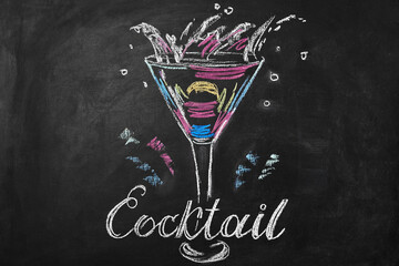cocktail in vintage style drawing with chalk on blackboard