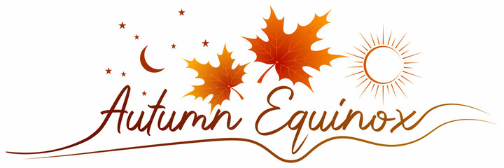 Autumn equinox vector illustration. September 22. Concept design with maple leaves in darker and lighter color. Crescent with stars and sun. - obrazy, fototapety, plakaty