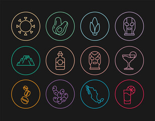 Set line Tequila glass with lemon, Margarita cocktail, Corn, bottle, Volcano eruption lava, Sun, Mexican wrestler and Avocado fruit icon. Vector