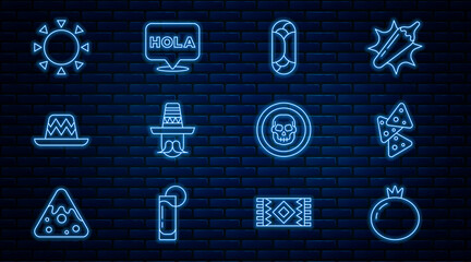 Set line Tomato, Nachos, Burrito, Mexican man sombrero, Sun, skull coin and Hola icon. Vector © vector_v