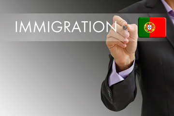 Man hand pressing the word immigration on a virtual search display screen. Online application for immigration.