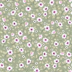 Vintage floral background. Floral pattern with small white flowers on a green gray background. Seamless pattern for design and fashion prints. Ditsy style. Stock vector illustration.