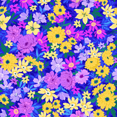 Trendy seamless vector floral pattern. Seamless print from large realistic flowers. A bouquet of flowers from the garden. Bright yellow and purple chrysanthemums on a blue background. Stock vector.