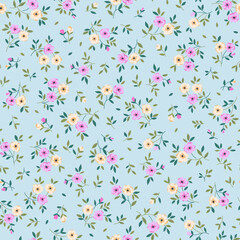 Fototapeta na wymiar Spring flowers print. Vector seamless floral pattern. Plant design for fashion prints. Endless print made of small pastel color flowers. Elegant template. Pale blue background. Stock vector.