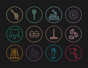 Set line Watering can, Seeds, Garden hose, Chicken egg box, Udder, Honey dipper stick, rake and pitchfork icon. Vector