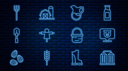 Set line Granary, Pig, Jug glass with milk, Scarecrow, Shovel, Garden pitchfork, Basket and Farm house icon. Vector