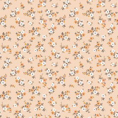 Motif fleuri petites fleurs. Jolies fleurs sur fond beige. Impression de petites fleurs orange et blanches. Imprimé petites fleurs. Texture vectorielle continue. Bouquet de printemps.