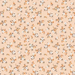 Fotobehang Kleine bloemen Ditsies bloemmotief. Mooie bloemen op beige achtergrond. Bedrukking met kleine oranje en witte bloemen. Ditsy print. Naadloze vectortextuur. Lente boeket.