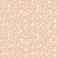 Vintage floral background. Floral pattern with small white flowers on a beige background. Seamless pattern for design and fashion prints. Ditsy style. Stock vector illustration.