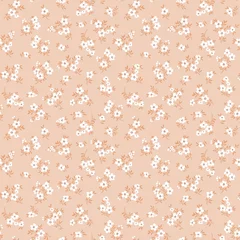 Deurstickers Kleine bloemen Uitstekende bloemenachtergrond. Bloemmotief met kleine witte bloemen op een beige achtergrond. Naadloze patroon voor design en mode prints. Ditsy stijl. Voorraad vectorillustratie.