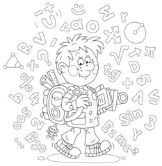 Cheerful schoolboy with his schoolbag and textbooks surrounded by formulas and symbols, black and white outline vector cartoon illustration for a coloring book page