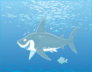 Funny great white shark slyly smiling and swimming with a small striped fish in water of a tropical sea, vector cartoon illustration