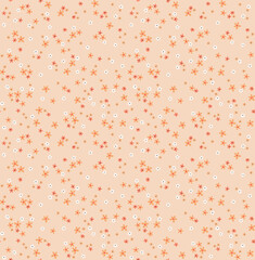 Cute floral pattern. Seamless vector pattern. Elegant template for fashion prints. Small white and orange flowers. Light coral background. Summer and spring motifs. Stock vector.